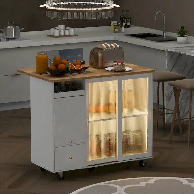 Kitchen Island with Drop Leaf,LED Light Kitchen Cart on Wheels