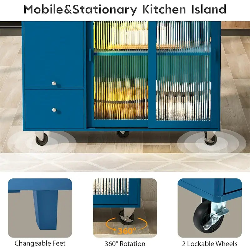 Kitchen Island with Drop Leaf,LED Light Kitchen Cart on Wheels