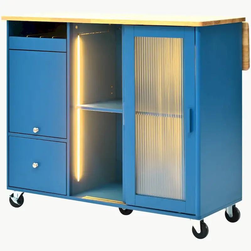 LED Light Kitchen Cart on Wheels with 2 Fluted Glass Doors