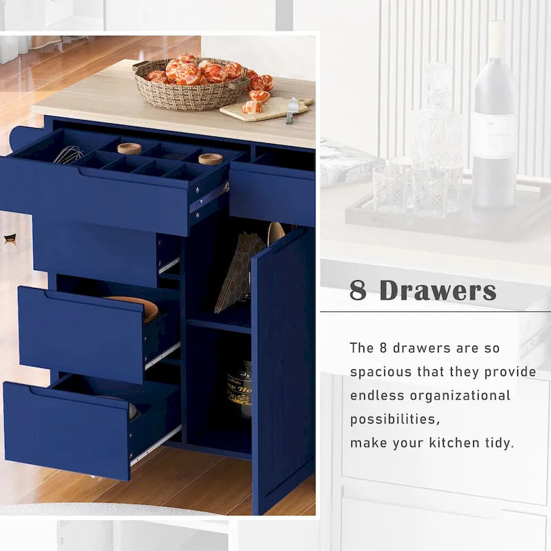 8 Drawer Rubber Wood Kitchen Island