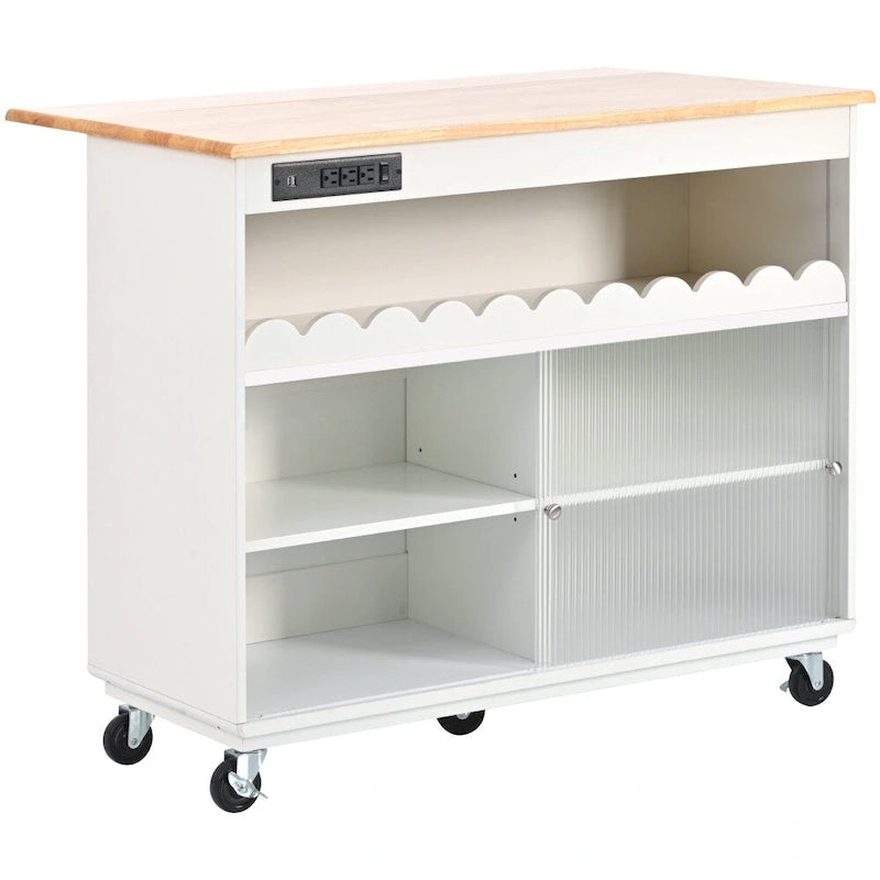 LED Light Kitchen Island on Wheels with Drop Leaf and Power Outlets