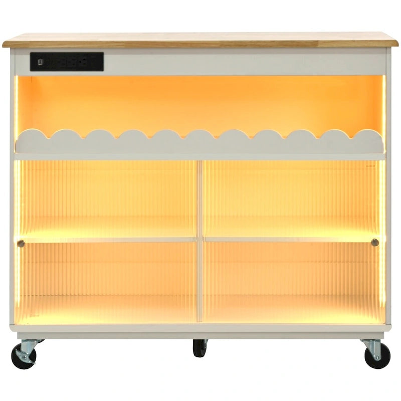 LED Light Kitchen Island on Wheels with Drop Leaf and Power Outlets