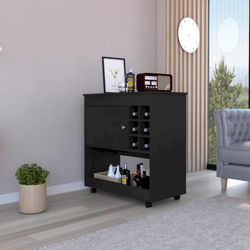Bar Cart Aloha, Lower Panel, Six Bottle Cubbies, One Cabinet for Kitchen, Party and Living Room