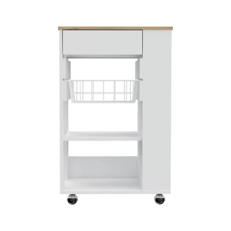 Kitchen Cart, One Drawer, Two Open Shelves, Four Casters -White / Light Oak
