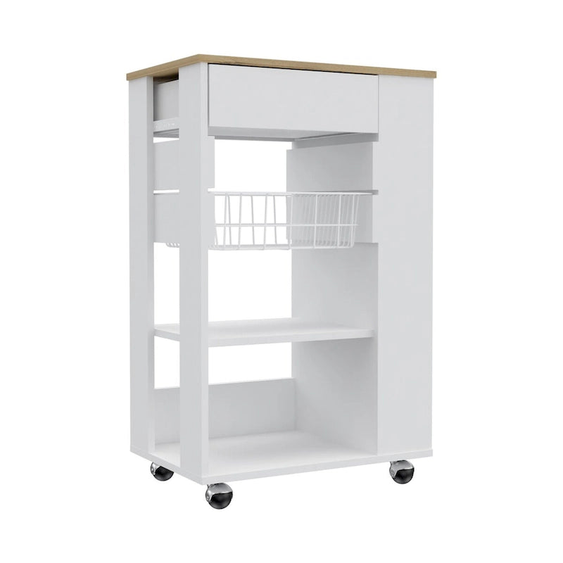 Kitchen Cart, One Drawer, Two Open Shelves, Four Casters -White / Light Oak