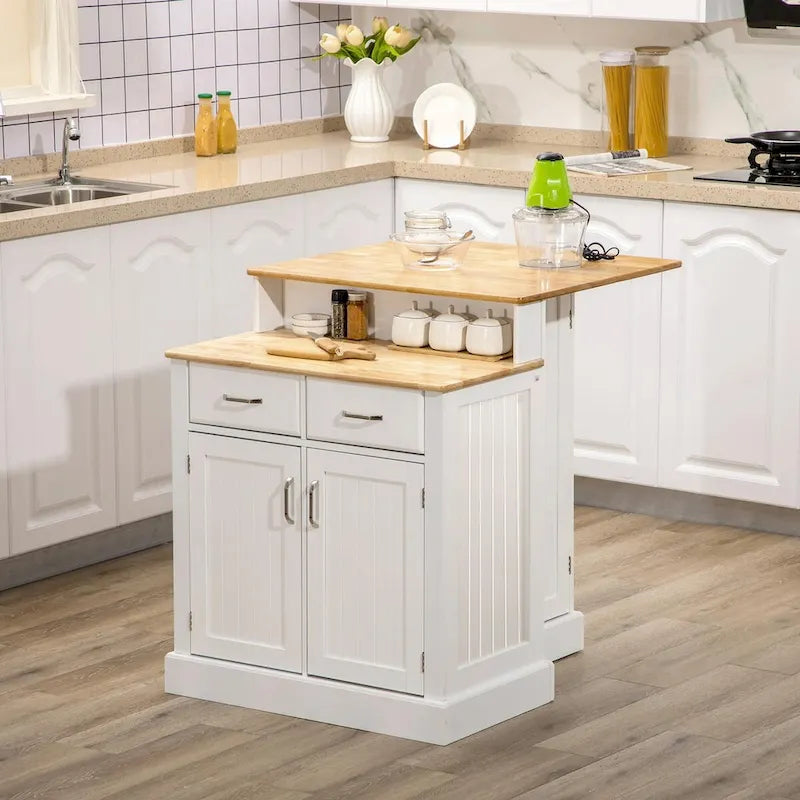 Kitchen Island with Storage Cabinet, 2-Level Rubber Wood Top, Adjustable Shelves, and Drawers