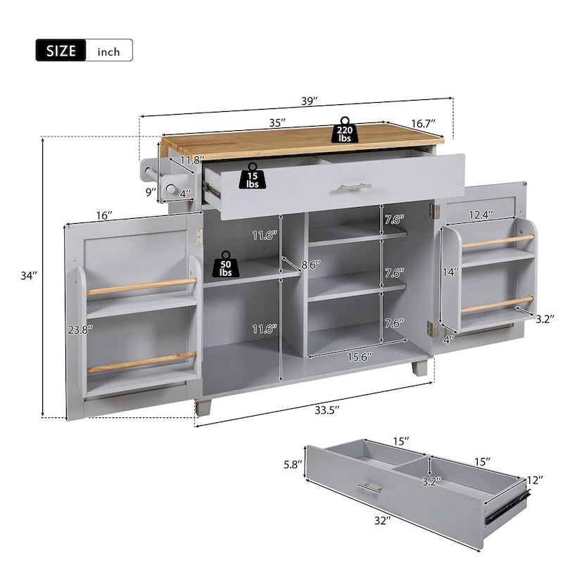 Rolling Kitchen Cart with Adjustable Shelf Tower Rack and Rubber Top - N/A