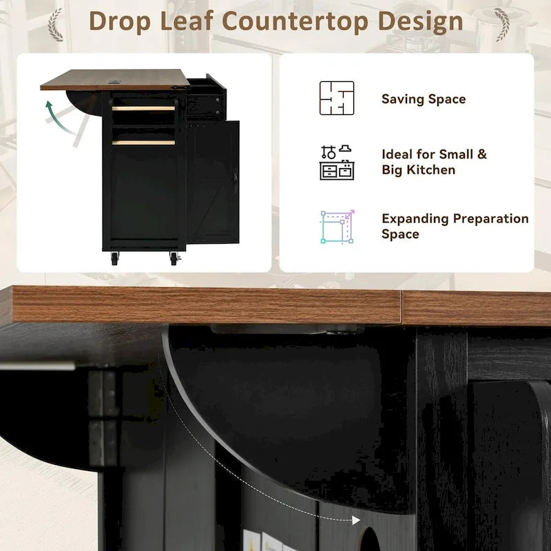 53.5 Farmhouse Kitchen Island Cart with Power Outlet, Drop Leaf, Spice Rack, and 2 Drawers, 5 Wheels