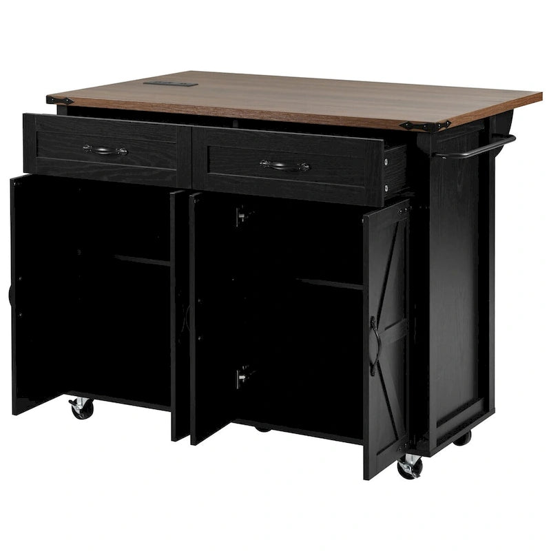 53.5 Farmhouse Kitchen Island Cart with Power Outlet, Drop Leaf, Spice Rack, and 2 Drawers, 5 Wheels