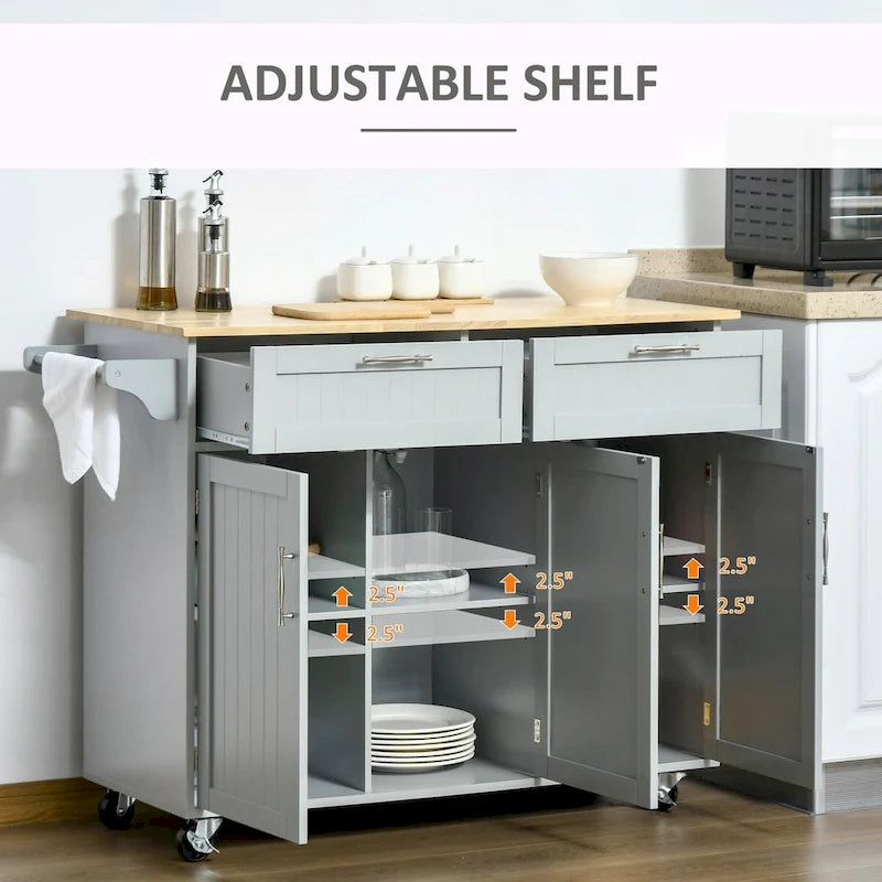 Mobile Kitchen Island with Wood Top, Drawers, Cabinets, Adjustable Shelves, and Towel Rack