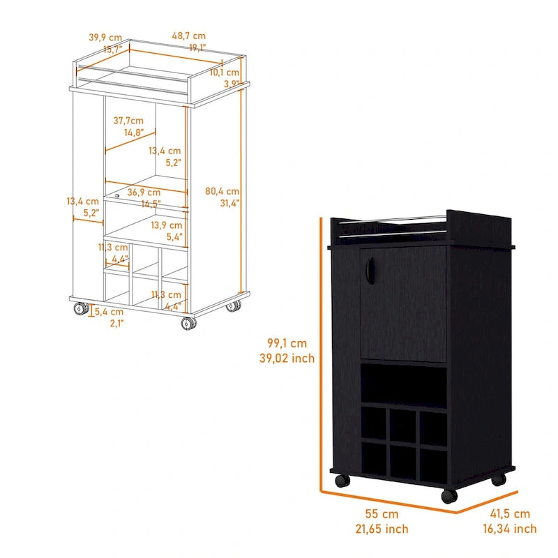 Allandale 1-Door Bar Cart with Wine Rack and Casters Black