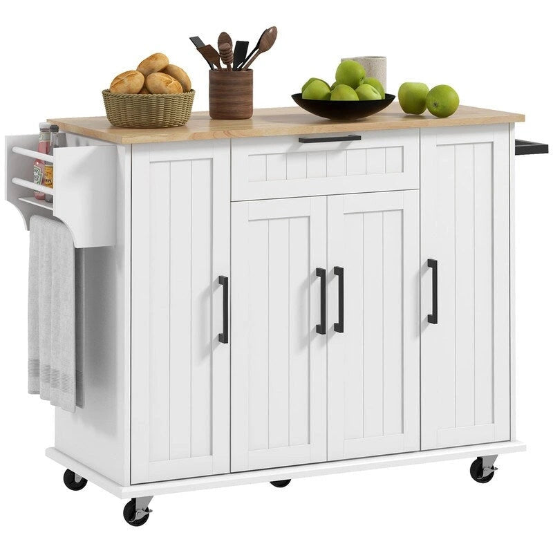52Kitchen Island Rolling Kitchen Cart with Rubberwood Top,Spice Rack,Towel Rack,Drawer