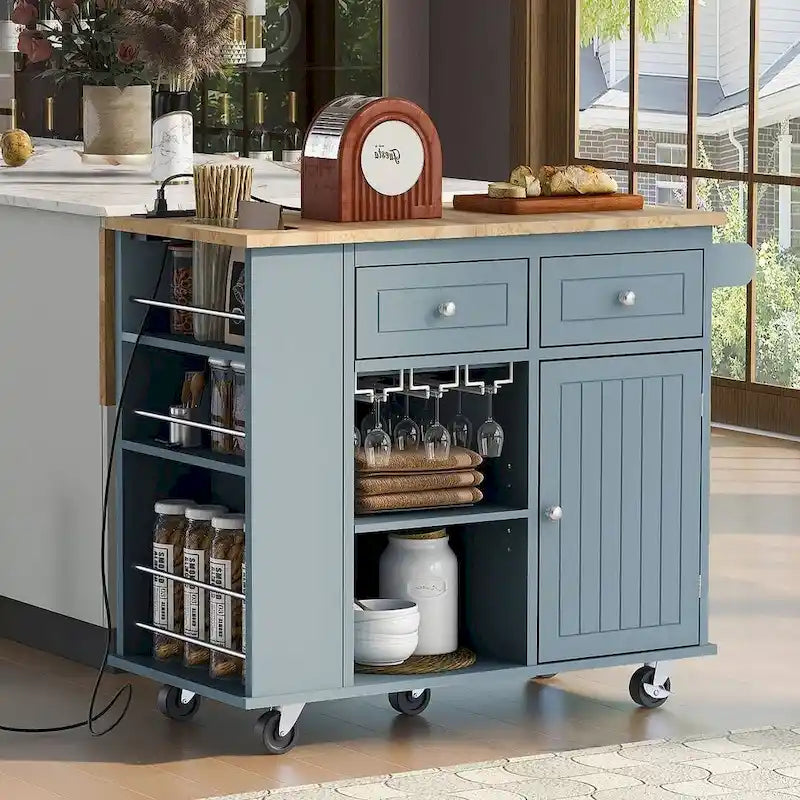 47 Modern Kitchen Cart with Electrical Outlet, Rubberwood Kitchen Island with Drop Leaf and Adjustable Storage Cabinet