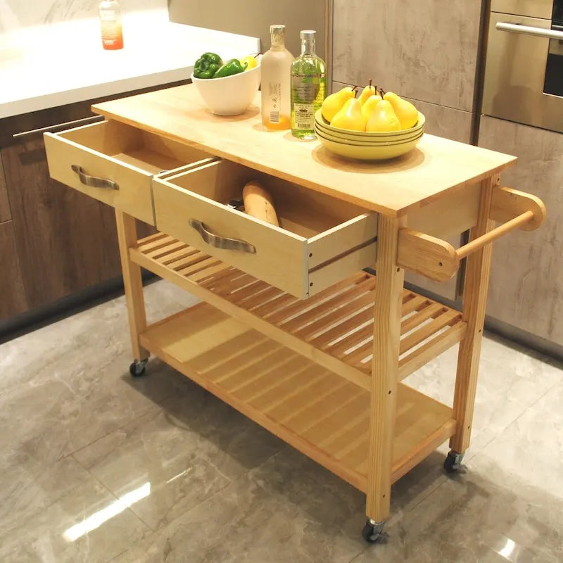 Simple Design Kitchen Island&Cart ,Double Display Shelves and 2 Drawer with Wood Top