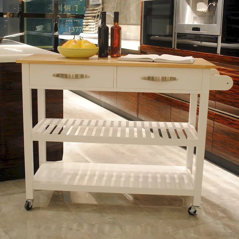 Simple Design Kitchen Island&Cart ,Double Display Shelves and 2 Drawer with Wood Top