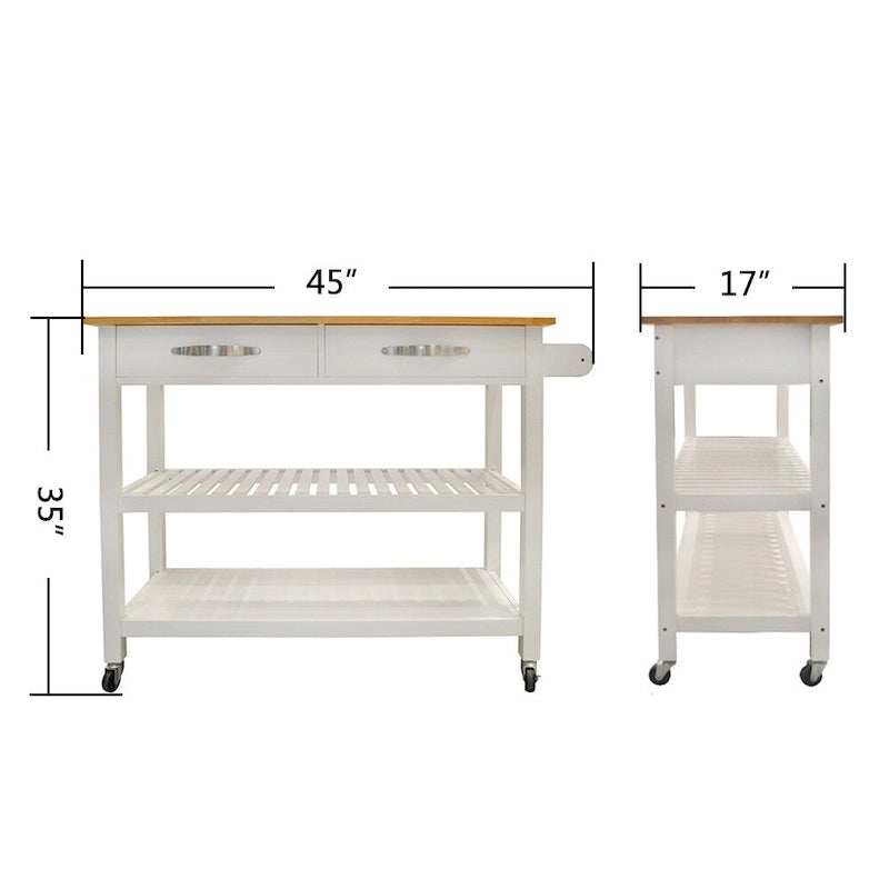 Simple Design Kitchen Island&Cart ,Double Display Shelves and 2 Drawer with Wood Top