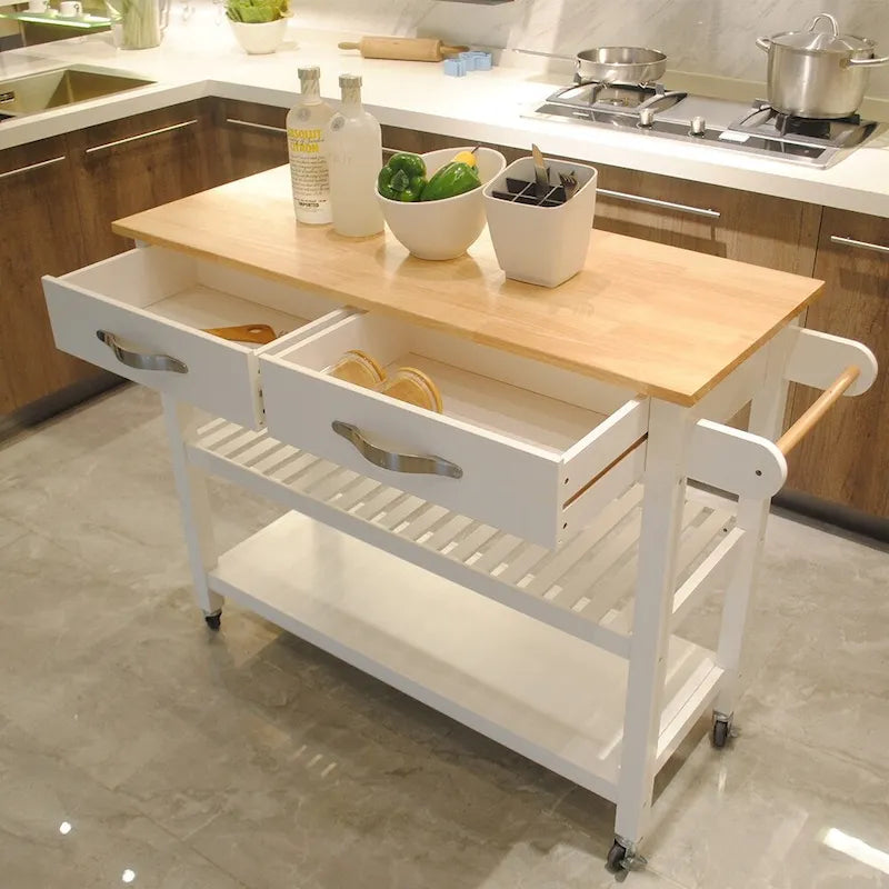 Simple Design Kitchen Island&Cart ,Double Display Shelves and 2 Drawer with Wood Top