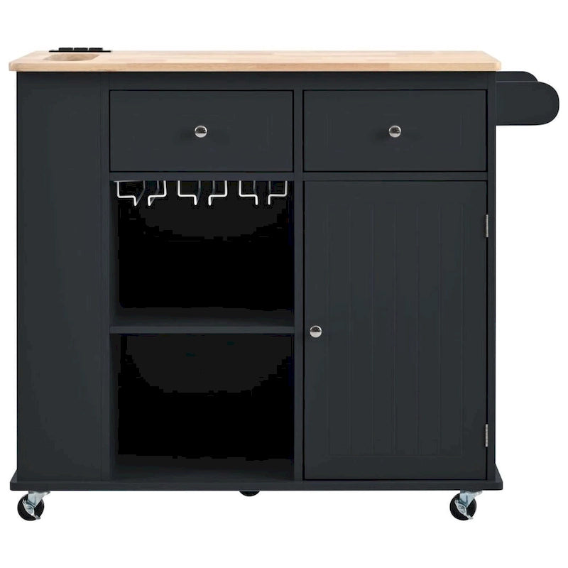 Kitchen Island with Power Outlet Kitchen Storage Island with Drop Leaf and Rubber Wood Open Storage and Wine Rack 5 Wheels