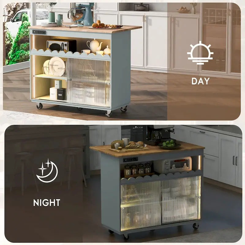 44 in. W Kitchen Island Rubberwood Drop-Leaf Countertop on 5 Wheels with Open Shelf and Wine Rack - 44