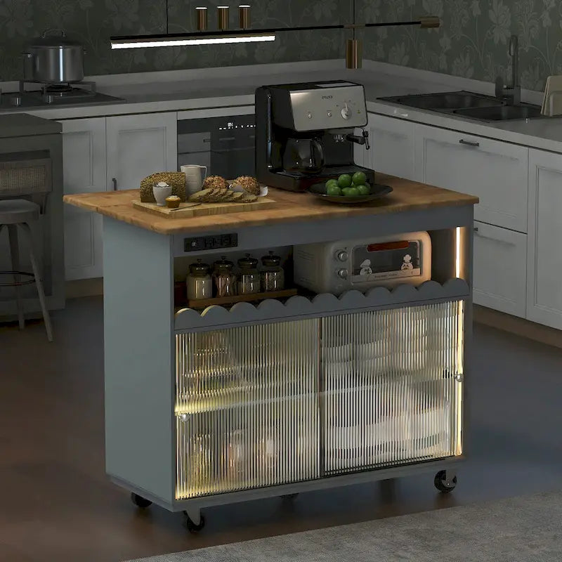 44 in. W Kitchen Island Rubberwood Drop-Leaf Countertop on 5 Wheels with Open Shelf and Wine Rack - 44