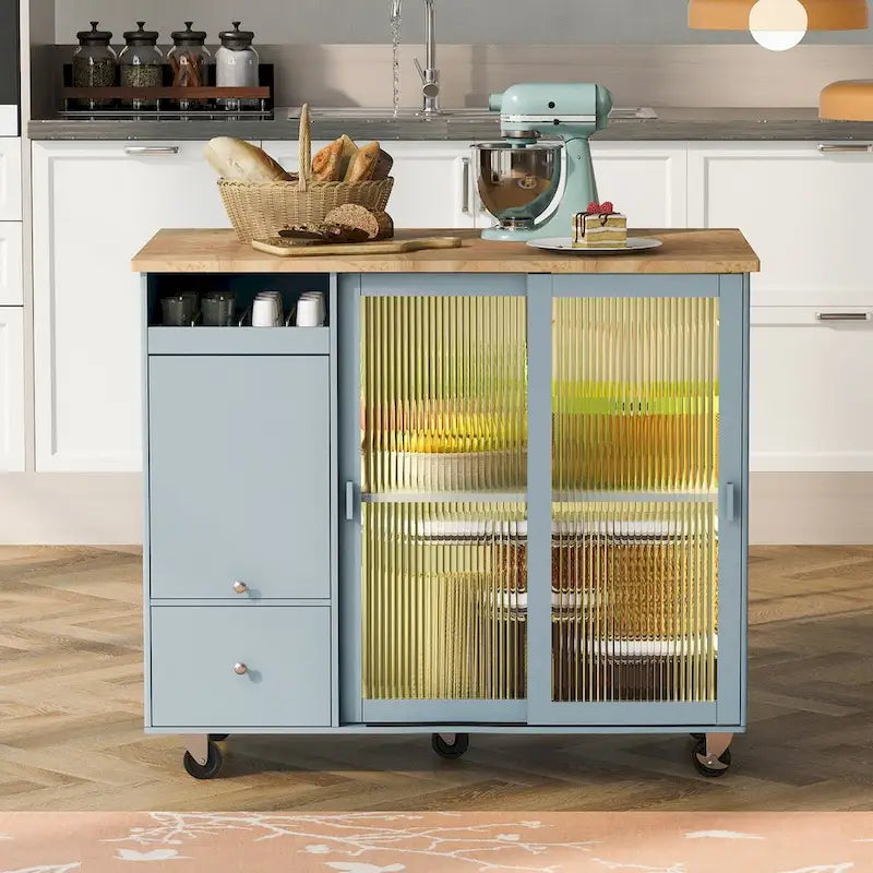 Kitchen Island Cart with Drop-Leaf Countertop, LED Lighting, Fluted Glass Doors, Adjustable Shelf, and Two Drawers