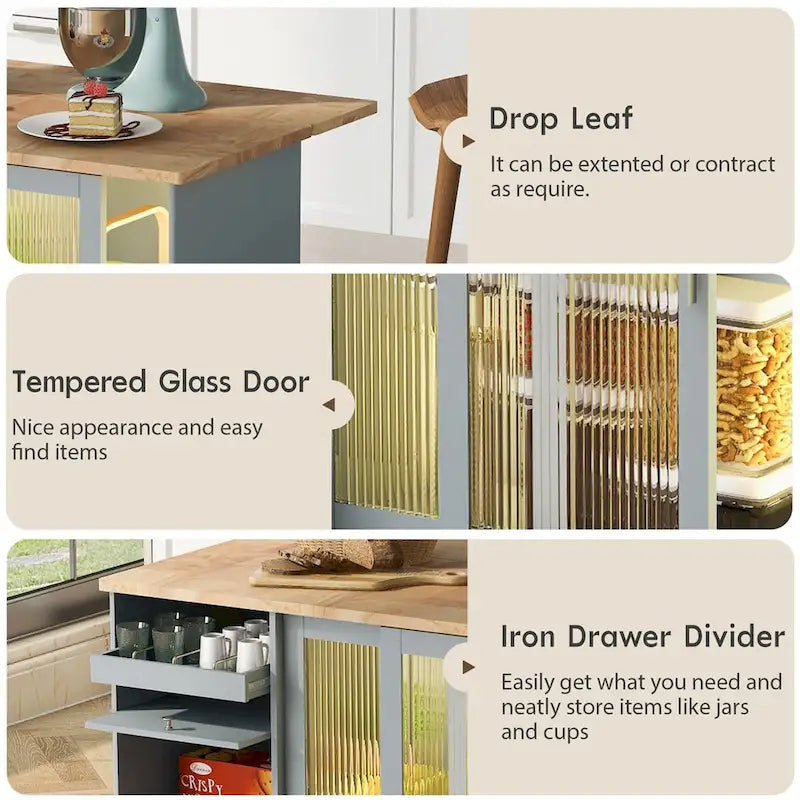Kitchen Island Cart with Drop-Leaf Countertop, LED Lighting, Fluted Glass Doors, Adjustable Shelf, and Two Drawers
