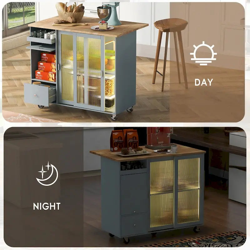Kitchen Island Cart with Drop-Leaf Countertop, LED Lighting, Fluted Glass Doors, Adjustable Shelf, and Two Drawers