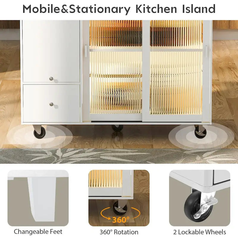 Kitchen Island Cart with Drop-Leaf Countertop, LED Lighting, Fluted Glass Doors, Adjustable Shelf, and Two Drawers