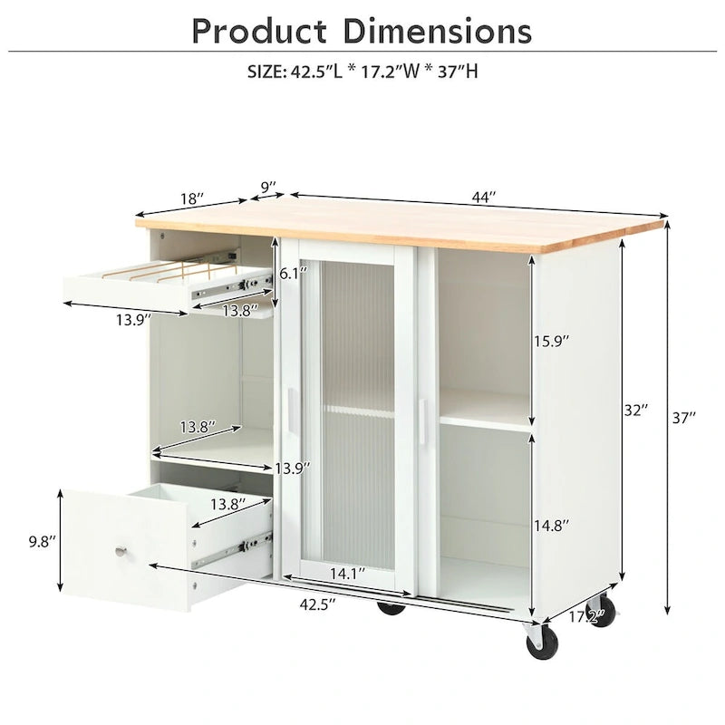 Kitchen Island Cart with Drop-Leaf Countertop, LED Lighting, Fluted Glass Doors, Adjustable Shelf, and Two Drawers