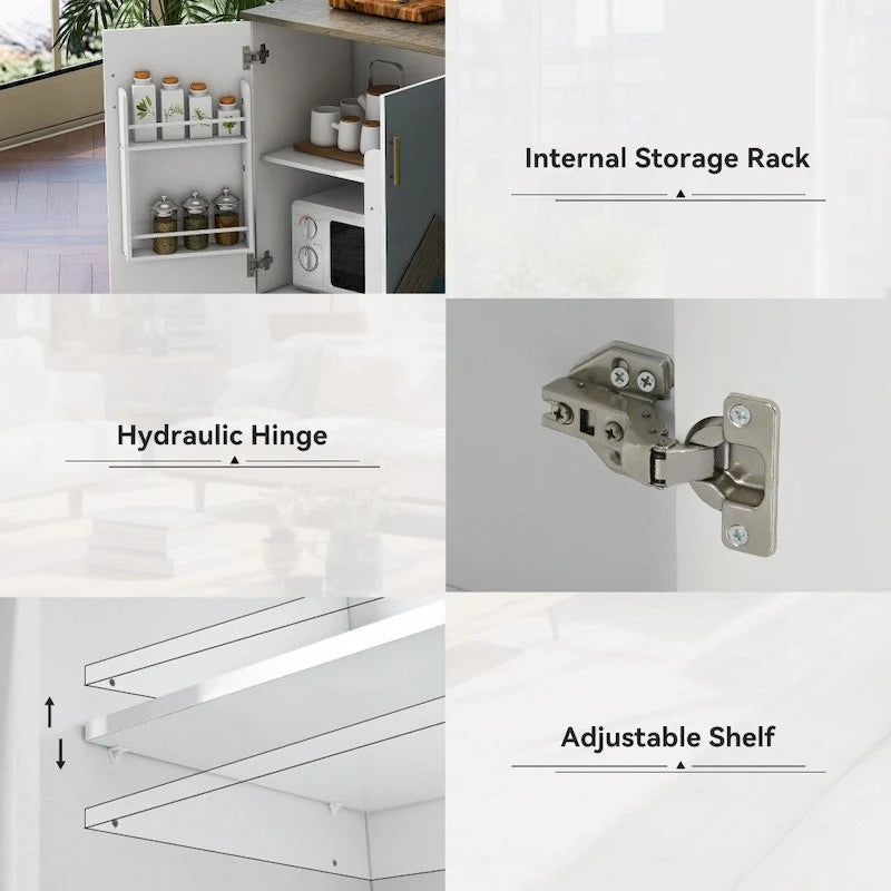 51 in. W Kitchen Island Retro Drop-Leaf Desktop on 4 Wheels with Internal Storage Rack and Towel Rack
