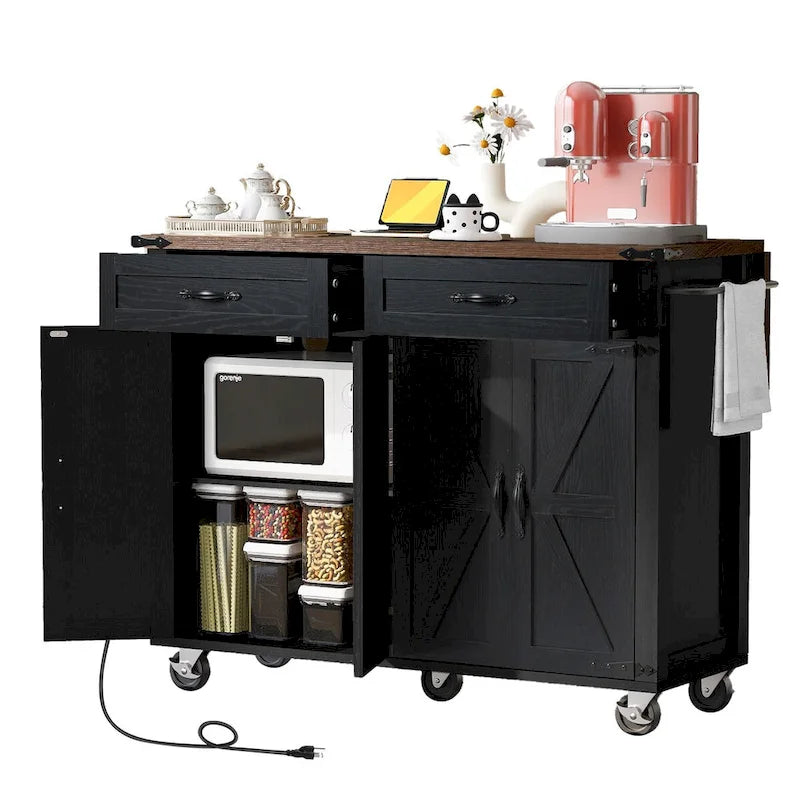 53.5 Farmhouse Kitchen Trolley with Power Outlet, Drop Leaf, Spice Rack, and Drawers, Mobile Cart on Wheels