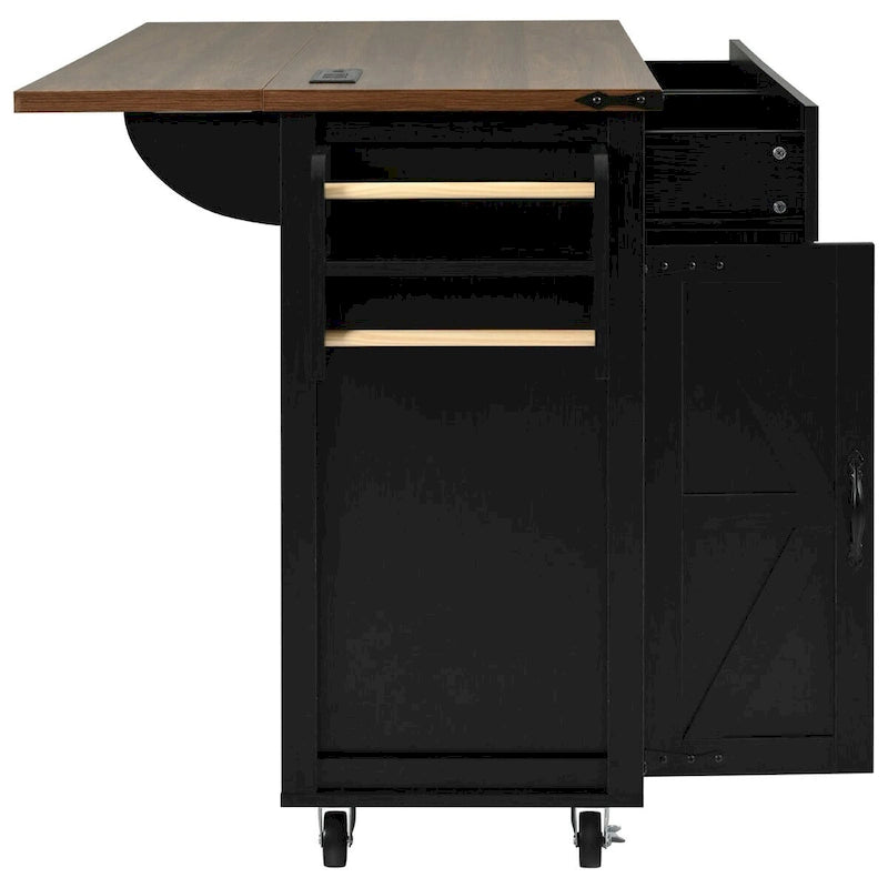 53.5 Farmhouse Kitchen Trolley with Power Outlet, Drop Leaf, Spice Rack, and Drawers, Mobile Cart on Wheels