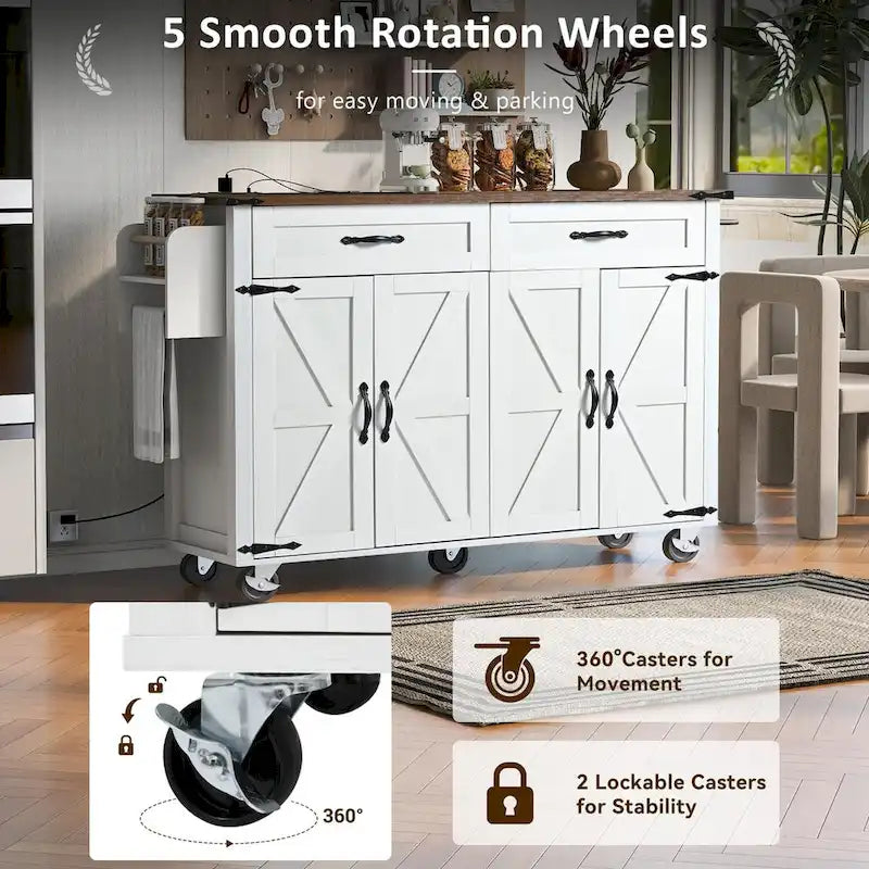 53.5 Farmhouse Kitchen Trolley with Power Outlet, Drop Leaf, Spice Rack, and Drawers, Mobile Cart on Wheels
