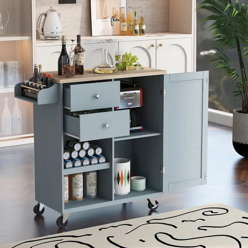 Rubberwood Kitchen Cart with Drop Leaf, Internal Storage Rack, Towel Holder, Spice Rack, and 2 drawers