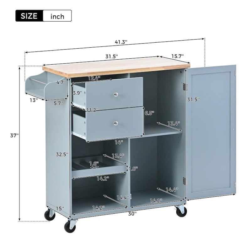 Rubberwood Kitchen Cart with Drop Leaf, Internal Storage Rack, Towel Holder, Spice Rack, and 2 drawers