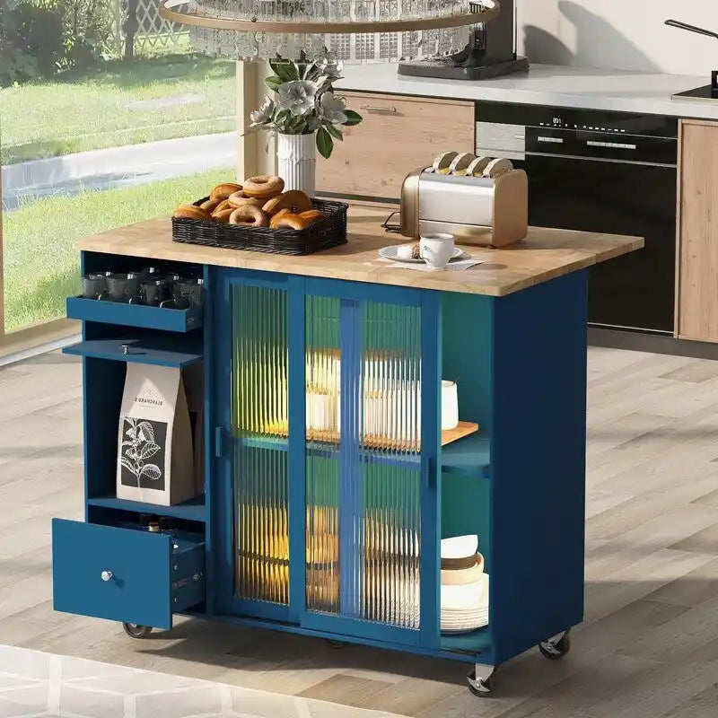 Kitchen Island Cart on Wheels with Drop Leaf,LED Light,2 Fluted Glass Doors and 1 Flip Cabinet Door
