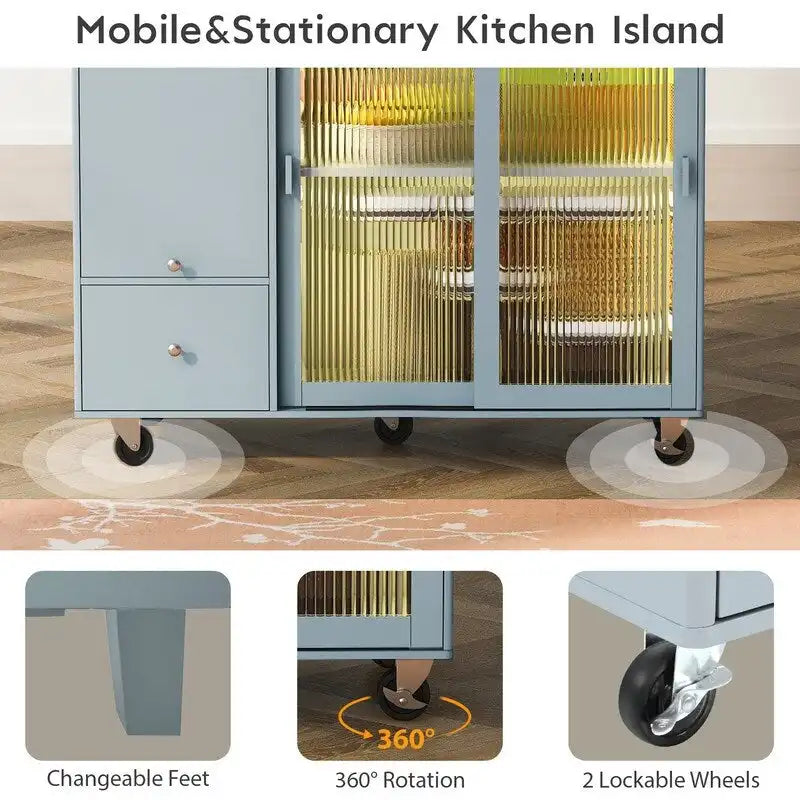 Kitchen Island Cart on Wheels with Drop Leaf,LED Light,2 Fluted Glass Doors and 1 Flip Cabinet Door