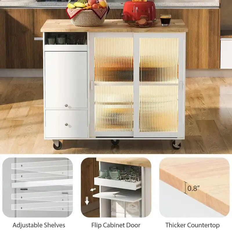 Kitchen Island Cart on Wheels with Drop Leaf,LED Light,2 Fluted Glass Doors and 1 Flip Cabinet Door