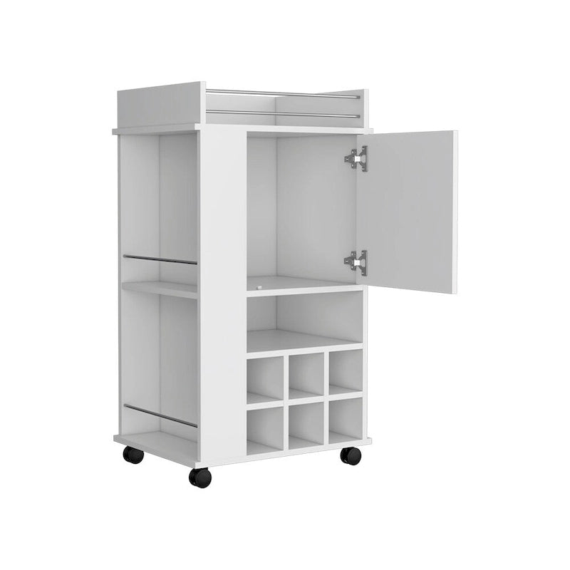 Bar Cart with Casters Reese, Six Wine Cubbies and Single Door for Kitchen, Party and Living Room