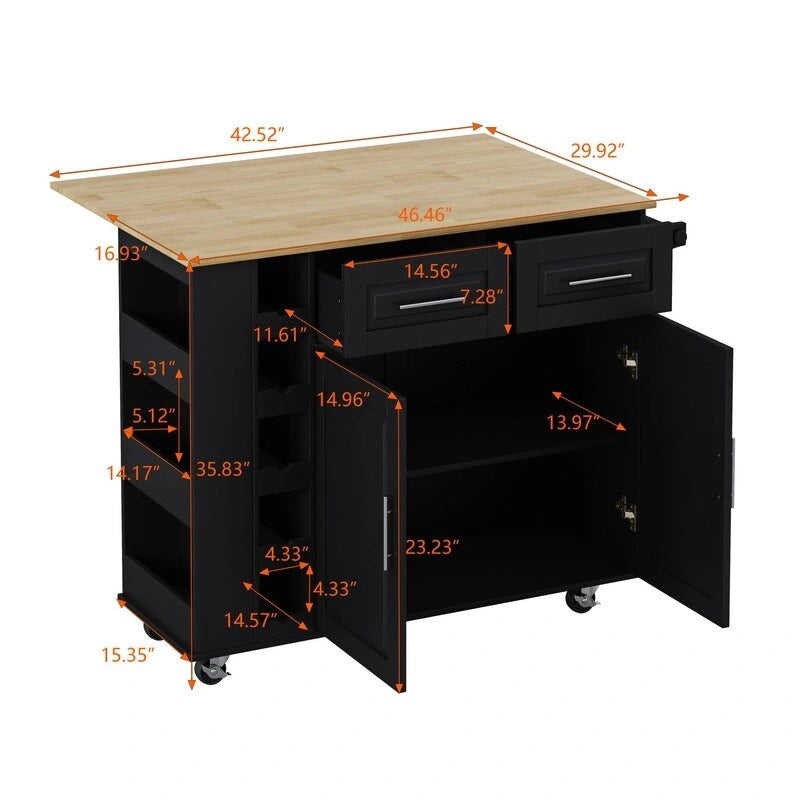 46.46Multi-Functional Kitchen Island Cart with Spice Rack,Wine Rack,Towel Holder and Foldable Rubberwood Table Top