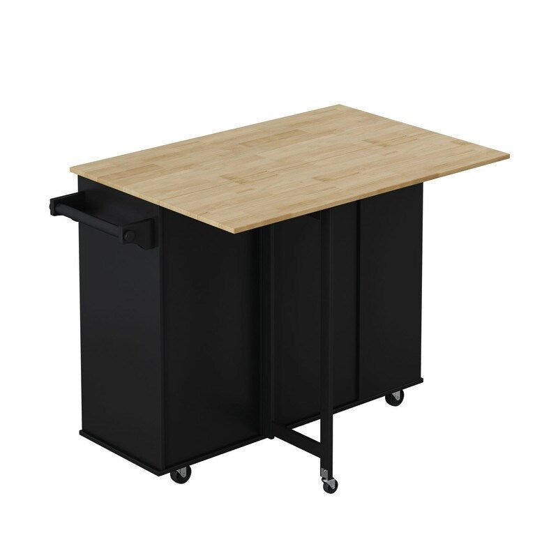 46.46Multi-Functional Kitchen Island Cart with Spice Rack,Wine Rack,Towel Holder and Foldable Rubberwood Table Top