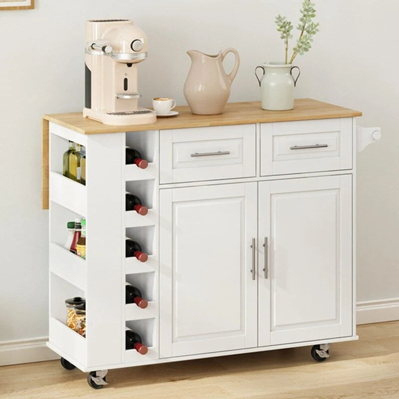 46.46Multi-Functional Kitchen Island Cart with Spice Rack,Wine Rack,Towel Holder and Foldable Rubberwood Table Top