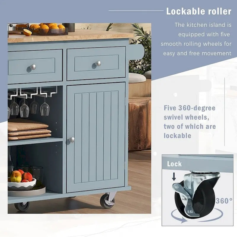 Kitchen Island Cart with Wheels ,Power Outlet, Drop Leaf, Wine Rack