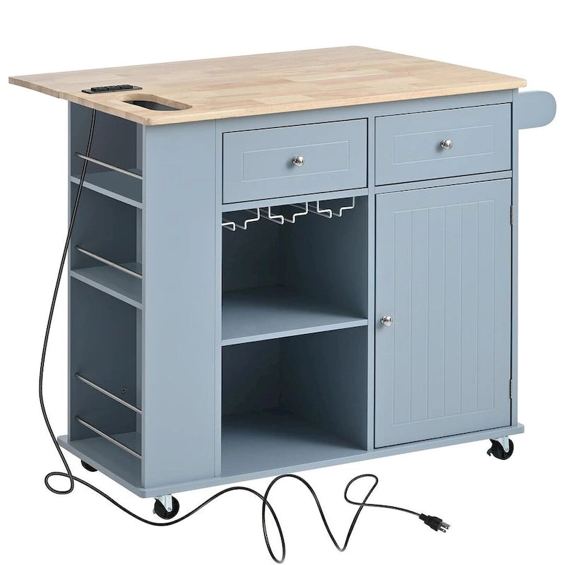 Kitchen Island Cart with Wheels ,Power Outlet, Drop Leaf, Wine Rack