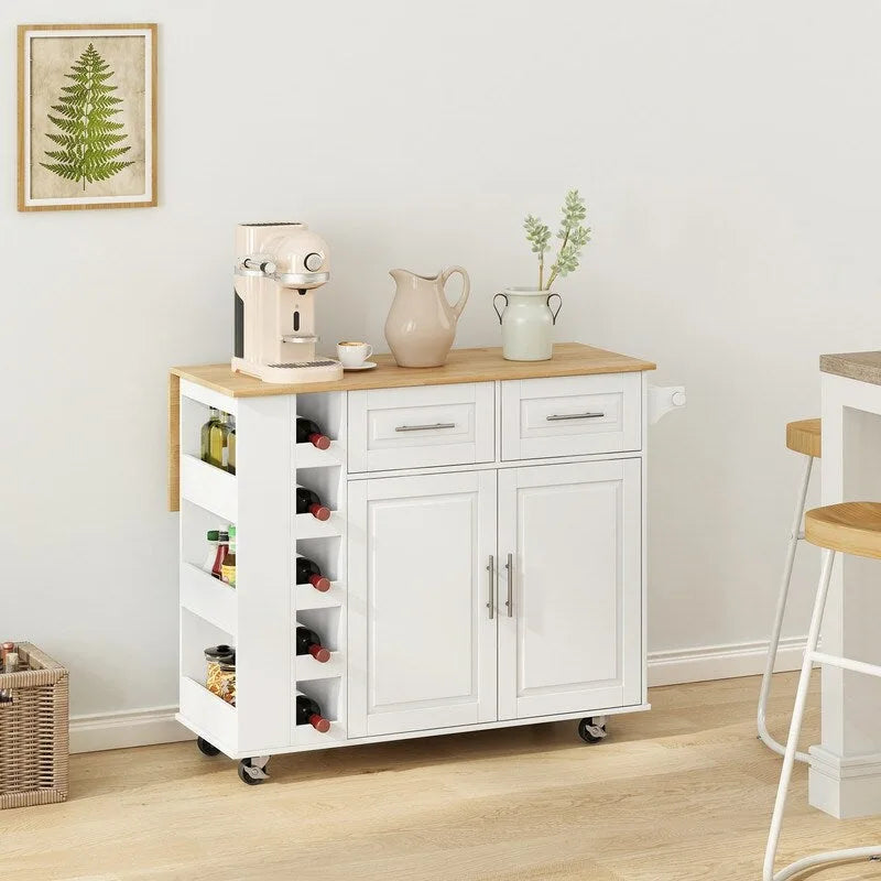 Grondin Multi-Functional Kitchen Island Cart with Solid Wood Drop Leaf, 2 Doors, 2 Drawers,Wine Rack and Spice Rack