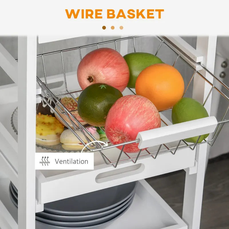 Rolling Kitchen Island w/ Storage, Wire Fruit Baskets, Trays & Drawer