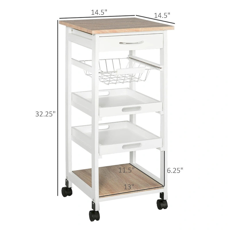 Rolling Kitchen Island w/ Storage, Wire Fruit Baskets, Trays & Drawer