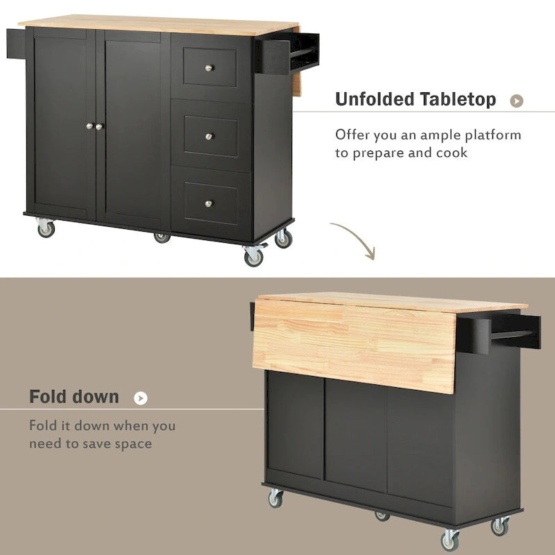 52.7 Rolling Mobile Kitchen Island with Solid Wood Top