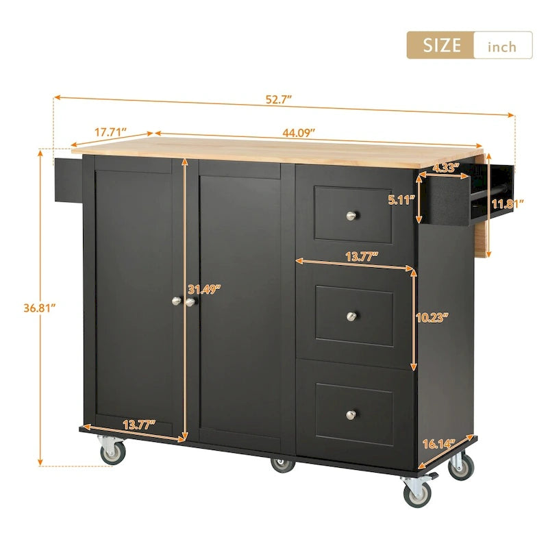 52.7 Rolling Mobile Kitchen Island with Solid Wood Top