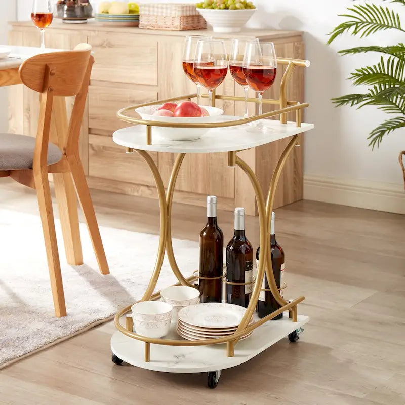 2-Tier Bar Cart on Wheels, Modern Mobile Bar Trolley Serving Cart with Wine Rack, White+Gold